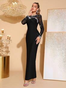 Women's Sexy Long Sleeve Round Neck Diamond Beaded Black Midi Bodycon Bandage Dress, 2025 Knit Elegant Cocktail Party Dress, Bridesmaid Dress, Formal Evening Gown - Black - View 4