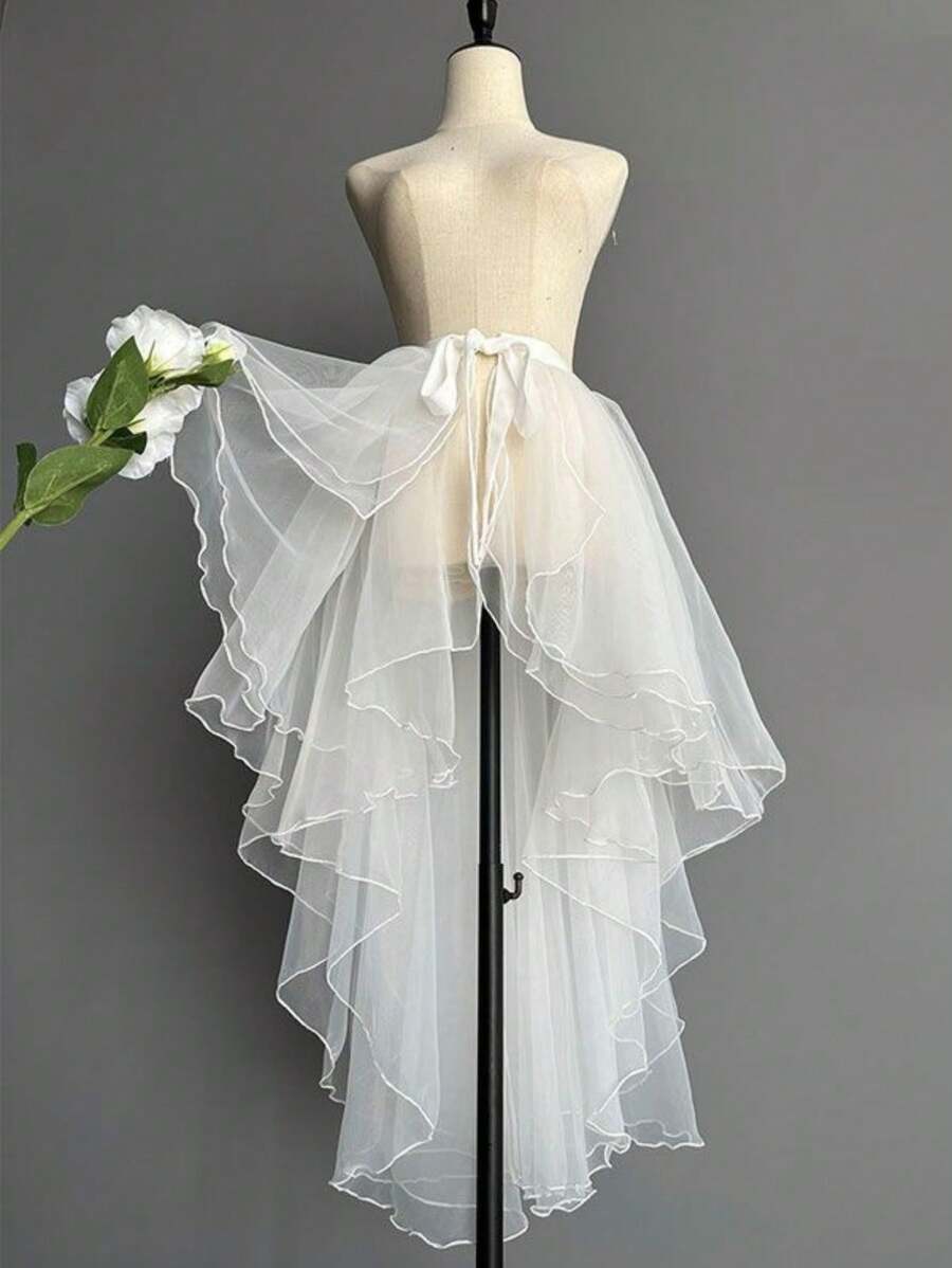 1pc Asymmetric Hem Tuxedo Dress, Asymmetrical Mermaid Tulle Skirt, Asymmetrical Puff Skirt, Flowing Performance Dress, Overlay Dress, Crystal Organza Maxi Skirt, One-Piece Apron, Ruffled Multi-Layer Trailing Dress, Suitable For Weddings, Banquets, Performances, Parties, Bridal, Bridesmaid, Stage Shows, Cosplay, Travel Photography Props, Dance Performances, Halloween Costumes, European-Style Multilayer Lace Ruffle Princess Tie Wedding Dress, Lolita Style Petticoat Underskirt