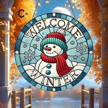 1PC Double Snowman Welcome Sign - Vintage Round Acrylic Hanging Decoration With Stained Glass Style Snowflakes & Holly Berry, Bright White For Christmas, Thanksgiving, Halloween-Christmas Gifts, Holiday Display, Bohemian Style, Colorful Snowflakes