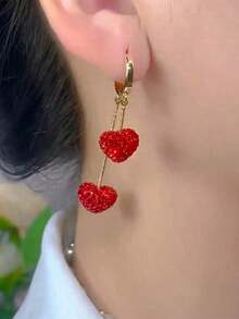 Rundraw 2pcs Luxury Metal Studded Heart Shaped Dangle Earrings For Women, Elegant Party & Festival Gifts Valentines,Mom,Mother,Mother's Day,Gift - 紅色 - 查看 4