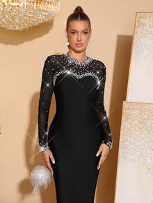 Women's Sexy Long Sleeve Round Neck Diamond Beaded Black Midi Bodycon Bandage Dress, 2025 Knit Elegant Cocktail Party Dress, Bridesmaid Dress, Formal Evening Gown - Black - View 7