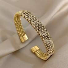 VKHK 1 Pc Vintage 18K Gold Plated Stainless Steel 5/10/15MM Braided Mesh Open Bracelet For Women Daily Party Wear Jewelry Gift