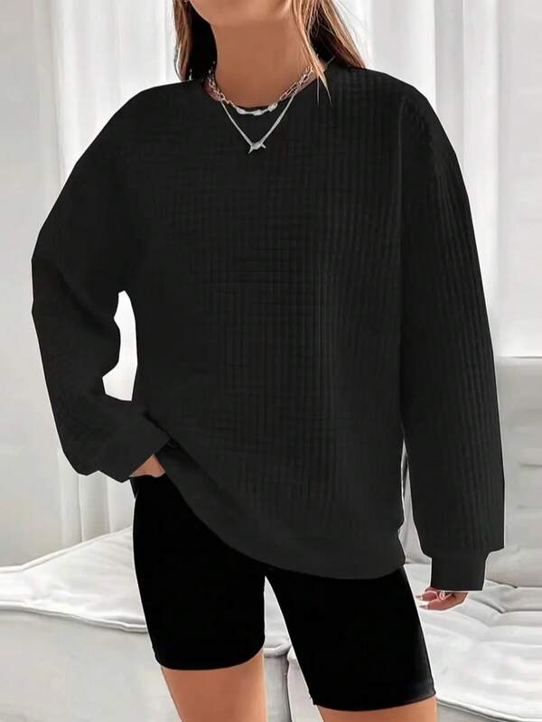 Moletom casual feminino, plus size, estampa waffle, manga comprida, gola redonda