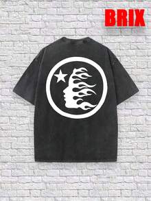 Uaddw Brand Y2K, [Vintage Cotton T-Shirt] High-Quality 100% Pure Cotton Men's Retro Style Flame Face, Star Pattern Washed And Distressed Short-Sleeved T-Shirt, Street Style, Funny Graphic Tees Men, Fashionable And Versatile, Camiseta Para Hombre - 黑色 - 查看 3