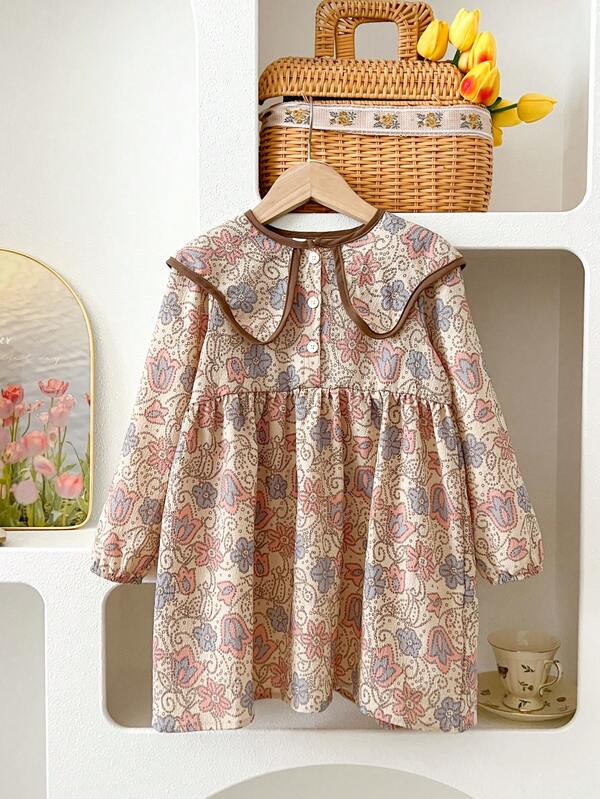 Humor Bear Young Girls Casual Peter Pan Collar Floral Print Long Sleeve Dress, For Autumn