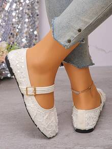 Sepatu Flat Mary Jane Vintage Ukuran Plus 35-43, Sepatu Kerja Sol Lembut Ujung Persegi, Sepatu Balerina Bertali Baru untuk Pakaian Sehari-hari & Pesta Musim Semi/Gugur untuk Wanita, Pola Acak - Putih - View 6