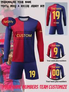 [Customized] Personalized Number Name 2-Piece Boys'/Teenagers'/Kids' Casual Barcelona-Style Football Jersey #7 Printed Crew Neck Long Sleeve And Shorts Set - Polyester, Suitable For Sports, Training & Casual Wear, Perfect For Outdoors - Red - View 4