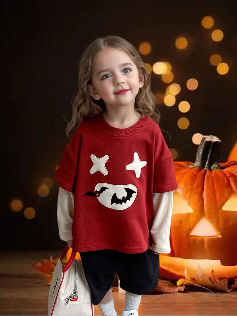 Girls Long Sleeve 2 In 1 T-Shirt T-Shirt, Children Halloween Embroidered Bat Pattern Casual Loose Top, Spring/Autumn