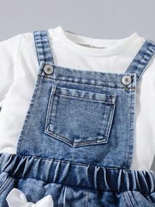 Vestido de peto de mezclilla lavada con lazo blanco 3D para niñas, con tirantes ajustables - Azul - Ver 7
