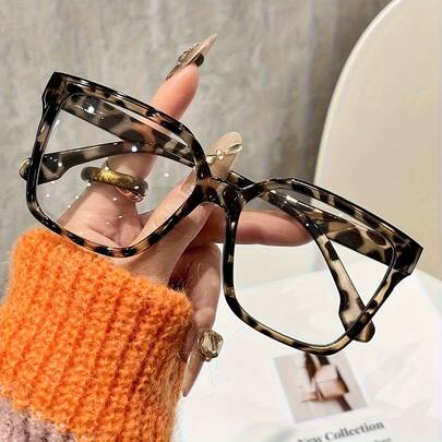 1 Pair Of Bohemian Style Large Square Transparent Glasses, Suitable For Women, Fashion Leopard Print And Solid Color, PC Polyester Material, Full Frame Design