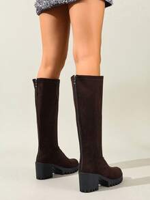 Women's Fashion Casual Comfortable Chunky Heel Side Zipper Knee-High Riding Boots, Pointed Toe - Coffee Brown - View 4