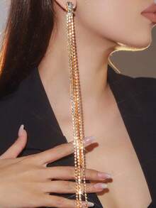 Sparkling Long Rhinestone Tassel Earrings, Women's Exaggerated Long Chain Drop Earrings, Party & Banquet Theme Earrings - Gold - View 1