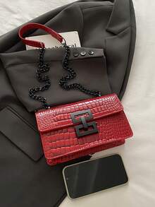 迷你时尚女士复古单肩包金属链条轻便斜挎包PU休闲锁扣方形包鳄鱼纹包年轻女孩购物袋适合女性日常通勤 - 紅色 - 查看 6
