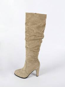 2024 Autumn/Winter New Round Toe High Heel Side Zipper Knee-High Boots, Thick Heel Tall Elastic Riding Boots For Women - Apricot - View 7
