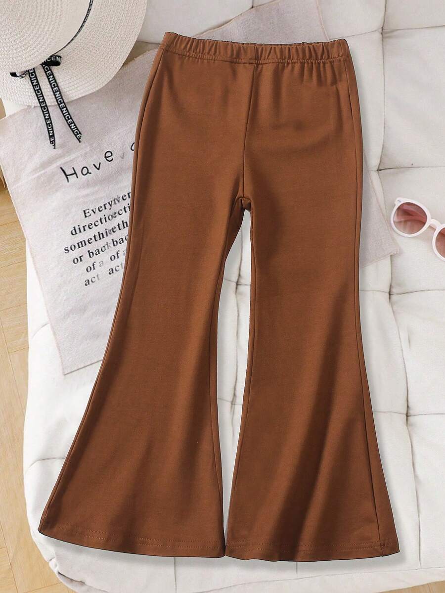 Pantalones acampanados para niñas, pantalones largos casuales versátiles de unicolor delgado de verano - Marrón - Ver 1
