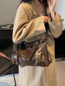 1pc Vintage Large Capacity Handbag, Vintage PU Shoulder Messenger Bag, Women Casual Tote Bag And Wallet - Cà phê - Xem 2