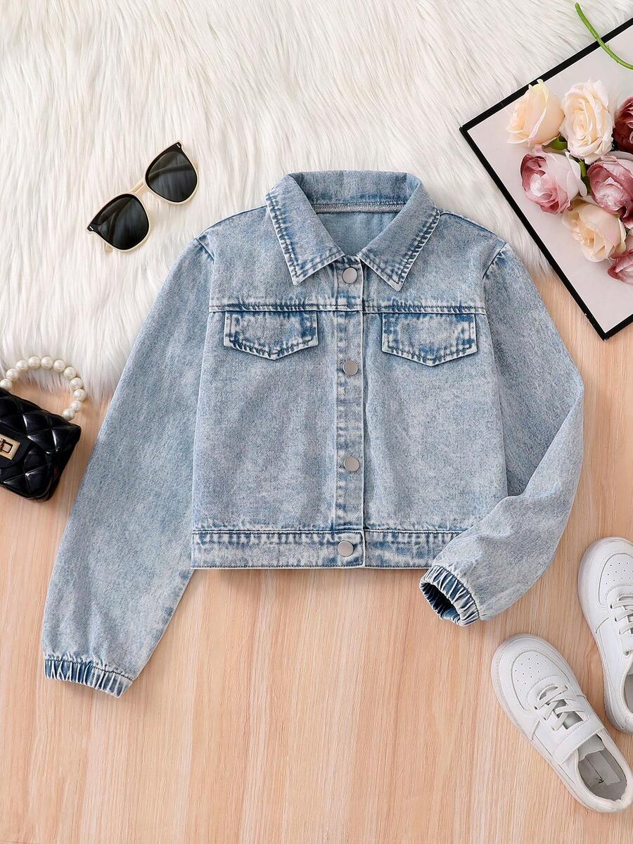1pc Girls Classic Casual Street Style Light Blue Denim Long Sleeve Snowflake Denim Jacket, Autumn/Winter New Arrival - Light Wash - View 1