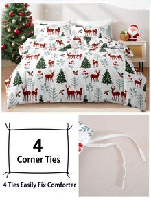 3pcs/Set Christmas Bow Reindeer Christmas Tree Print Duvet Cover Set(1 Duvet Cover & 2 Pillowcase)Soft And Skin-Friendly Duvet Cover Bedding Set For Home, All Season Bed Sheets Set Christmas Gift