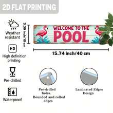 2D Flat, 1 Piece Vintage Flamingo Pool Metal Sign - Aqua Blue And Pink Vintage Design, 3.93x 15.74inch , Durable Outdoor/Indoor Hanging Decoration, Suitable Poolside, Bathroom, Terrace And Summer Parties, Distressed Effect, Home Decoration, Outdoor Garden Art, 2D Flat