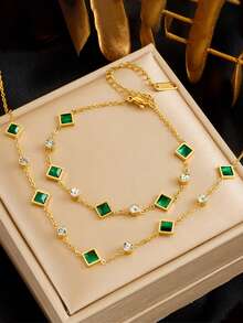 Set Of Luxury Fashion Gold-Plated Stainless Steel Square Emerald & Rhinestone Decor Minimalist Necklace & Bracelet Jewelry Set, Suitable For Daily Wear And Gift Giving - Yellow Gold - View 1
