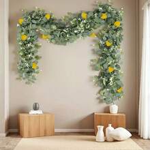1 pieza Guirnalda artificial de vid de limón de 180 cm - Hojas artificiales de color verde brillante combinadas con limones amarillos, para colgar, decoración interior/exterior, perfecta para Acción de Gracias, Festival de la Cosecha, Navidad, Pascua, Día de la Madre, corona navideña