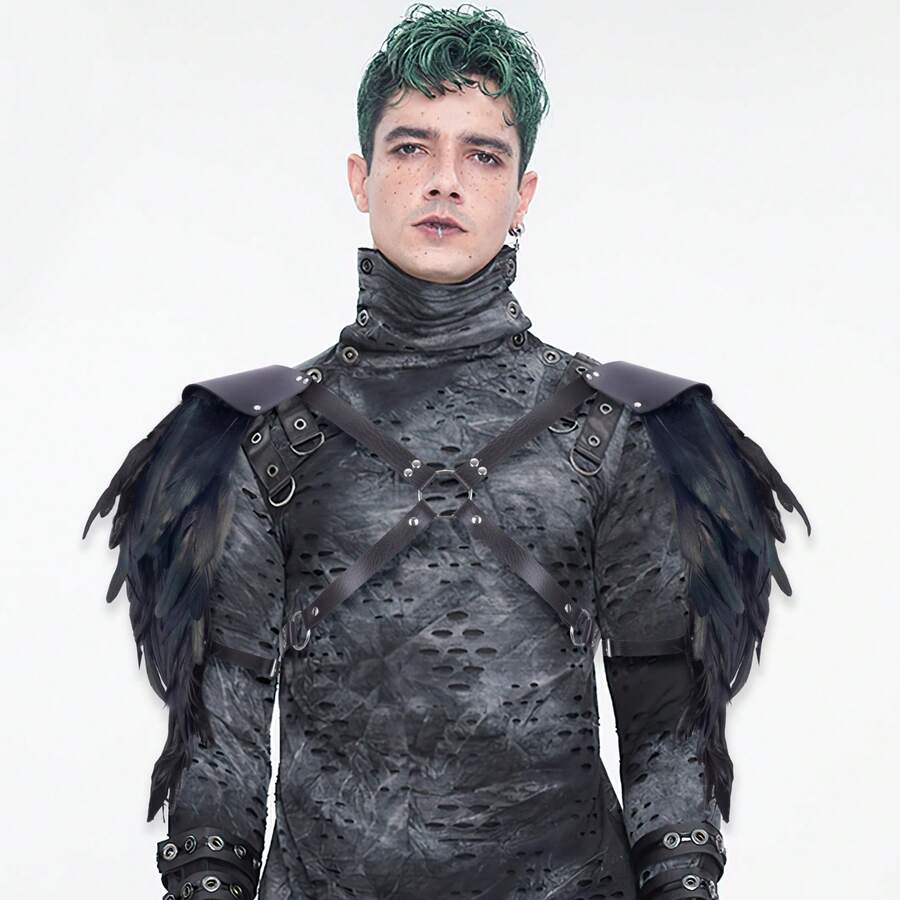 1 pieza Hombreras de plumas negras con correa de cuero para el pecho, disfraz de Halloween para hombres
