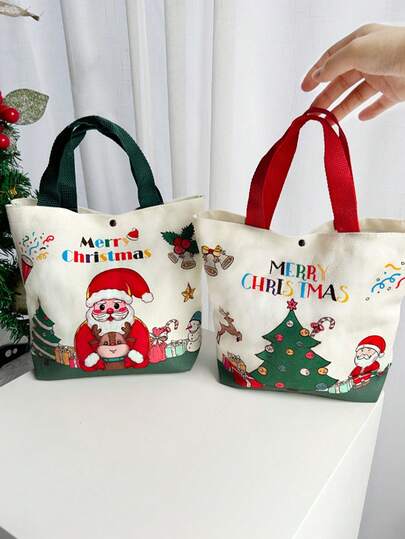 1 Stück Weihnachts-Segeltuch-Tragetasche - wiederverwendbar, Weihnachtsmann, Schneemann, Elch, süße Segeltuch-Tasche, Candy Apple Tragetasche, perfekt für Einkaufen, Geschenkverpackung, Partybevorzugungen, Feiertagsverkleidung