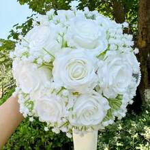 Elegant White Rose Bridal Bouquet, Decorated With Lace - Classic Wedding & Anniversary Floral Arrangement For Bridesmaids, Tossing Bouquet, Bridal Shower, Graduation Party Centerpiece
