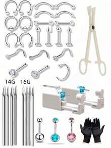 1入組35/27件專業穿孔器套裝，包括12根無菌 (14G16G18G) 穿刺針、2個三角鉗/手套和20/10件不鏽鋼穿孔飾品，適用於肚臍/嘴唇/鼻子/眉毛/耳朵穿孔 - 彩色 - 查看 3