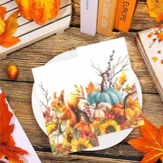 20pcs Double-Sided Autumn Thanksgiving Guest Napkins, Pumpkin, Squirrel, Maple Leaf, Tree Disposable Paper Napkins, Suitable For Autumn Themes, Thanksgiving, Harvest Festival, Dinner, Hand Towels, Bathroom, Harvest Holiday Party Table Decorations