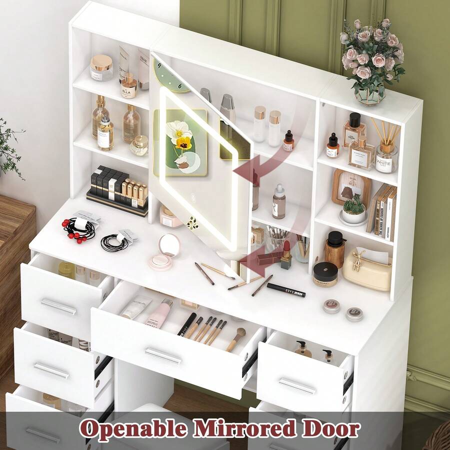 Vanity Makeup Table Set Dressing Desk With Large LED Lighted Mirror 7 Drawers - Perfect For Organizing Makeup, Skincare, Elegant Vanity|Decorative Vanity, Vanity Furniture, Compact For Small Space, Bedroom Decor Gift, Perfect Gift For Women Girls , Ideal para regalos de Navidad y Halloween. - Blanco - Ver 1