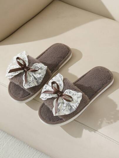 Pantufas femininas com laço de renda, pantufas de casal quentes e antiderrapantes para uso doméstico, adequadas para outono/inverno