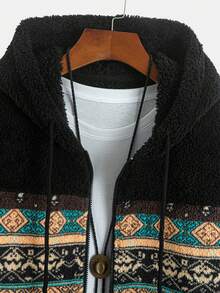 Men's Solid Black Double-Sided Fleece Patchwork Contrast Color Ollie Print Hooded Full-Zip Drawstring Casual Sweatshirt, Suitable For Daily Casual, Fashion, Commuting, Street Style In Autumn/Winter, Long Sleeve Top - Black - View 8