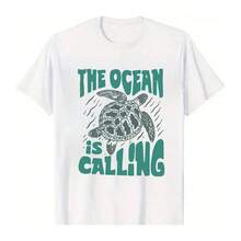 100% Cotton Unisex The Ocean Is Calling Turtle Graphic T-Shirt, Round Neck Short-Sleeve Basic Tees, Summer Men's Tops, Casual Loose Fit Graphic Crop Tops For Men, Lightweight Soft Cotton Tees For Beach, Outdoor, Daily Wear,  And Comfortable Summer Fashion - 白色 - 查看 6