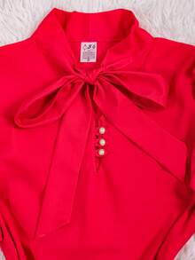 Women's Formal Blouse With Short Puff Sleeves And Bow No. 8 - 玫紅色 - 查看 4