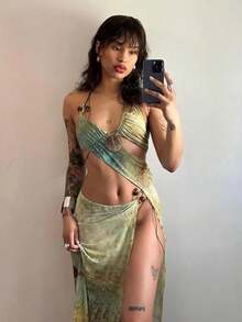 Summer New Fashion Sexy Miniskirt Off-The-Shoulder Waist-Tie High-Waist Bodycon Dress - 綠色 - 查看 5