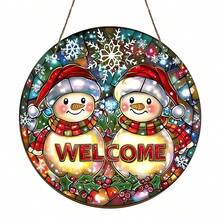 1PC Double Snowman Welcome Sign - Vintage Round Acrylic Hanging Decoration With Stained Glass Style Snowflakes & Holly Berry, Bright White For Christmas, Thanksgiving, Halloween-Christmas Gifts, Holiday Display, Bohemian Style, Colorful Snowflakes