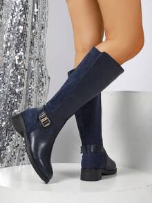 Women's Plus Size Riding Boots With Side Zipper, Metal Buckle Decor, Thermal Lined Warm, Slimming Nude Color, Versatile For Daily Wear - Royal Blue - View 7