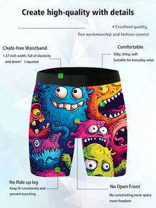 1件装男士趣味短裤，万圣节图案印花，涤纶弹力面料，柔软亲肤，速干透气，俏皮可爱男士长款平角内裤