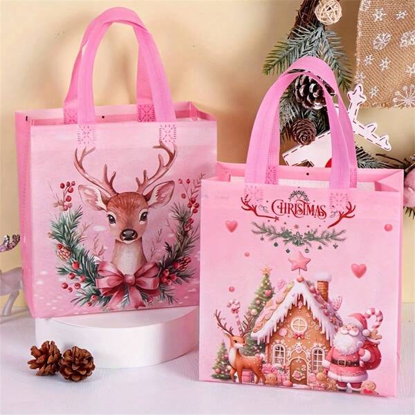 8 piezas Bolsas de tela rosa con asas para Navidad, con diseño de Papá Noel, renos y campanas, bolsas reutilizables para regalos, compras de comestibles, bolsas no tejidas, bolsas para obsequios de fiesta, decoraciones navideñas festivas para el hogar, regalos de Navidad 2025 y Año Nuevo 2026 (1/4/8 piezas)