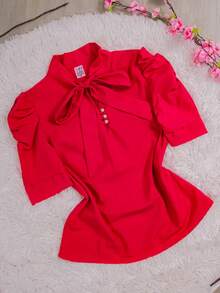 Women's Formal Blouse With Short Puff Sleeves And Bow No. 8 - 玫紅色 - 查看 1