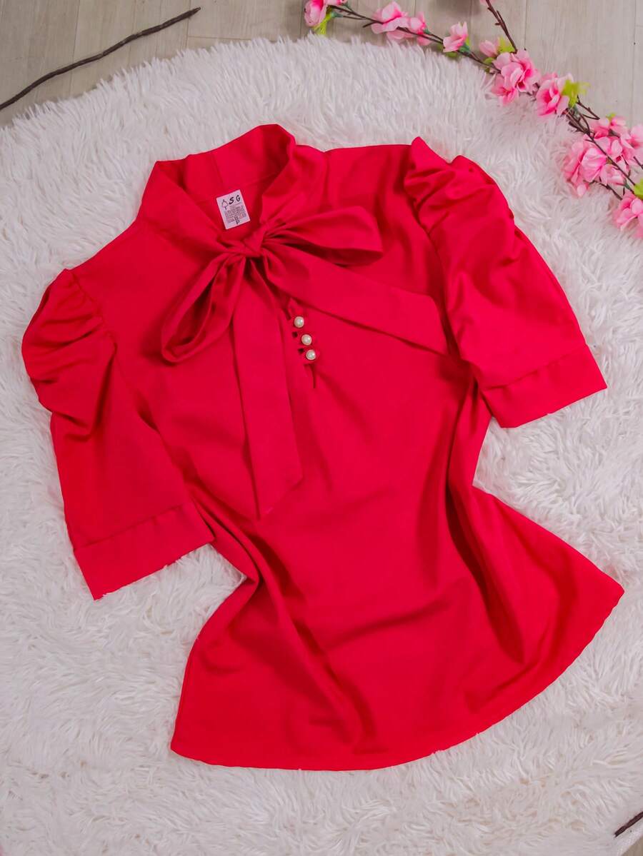 Women's Formal Blouse With Short Puff Sleeves And Bow No. 8 - 玫紅色 - 查看 1