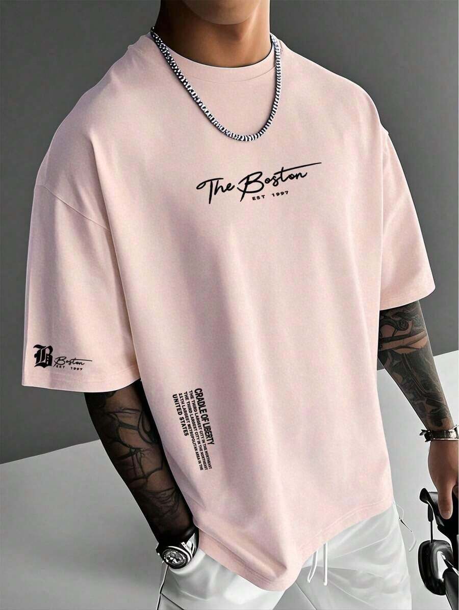 1PCSMen's Summer Casual Slogan Print Short Sleeve T-Shirt-Premium Cotton Graphic Printed Round Neck T-Shirts-365T - 粉色 - 查看 1