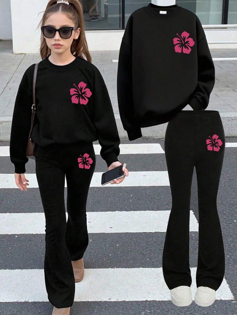2 - Piece Set Girl Simple And Sweet Style Hibiscus Print Set, Comfortable And Elastic, Spring Autumn Daily Leisure Wear - Black - View 1