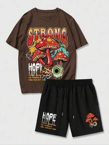 2025Two Counts Men's Plus Size Mushroom & Letter Print Pocket Two-Piece Set, Back-To-School Clothing, Casual Round Neck Tee & Drawstring Shorts, Plus Size Summer Outfits For Men