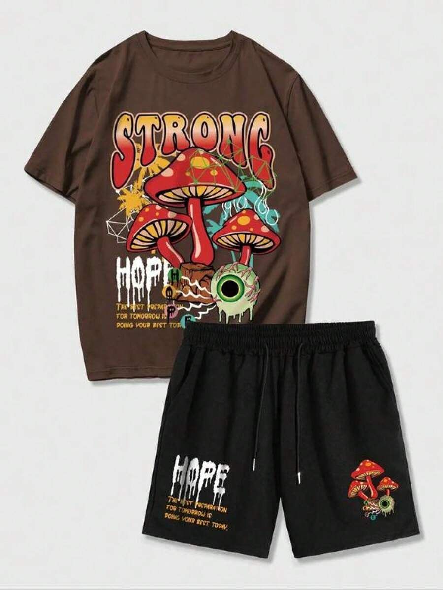 2025Two Counts Men's Plus Size Mushroom & Letter Print Pocket Two-Piece Set, Back-To-School Clothing, Casual Round Neck Tee & Drawstring Shorts, Plus Size Summer Outfits For Men