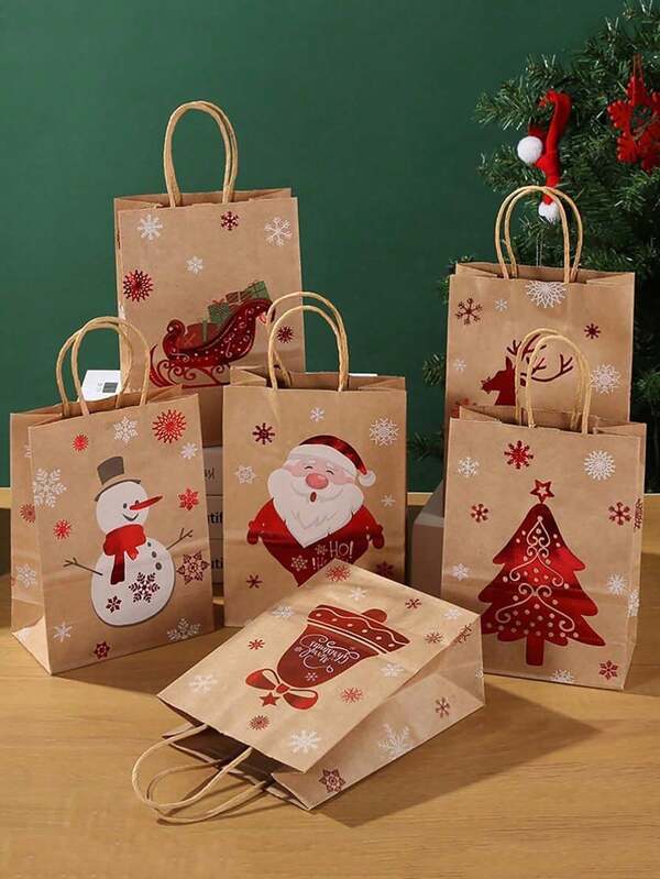 12/24 Peças Sacolas de Presente de Papel Kraft para Natal, Adequadas para Sacolas de Presente de Papel para Feriados, Sacolas de Presente de Natal, Lembrancinhas de Sala de Aula e Festa (Estilos Aleatórios)
