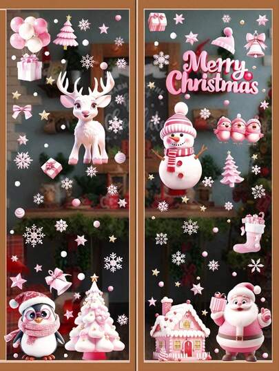 9pcs/Set 3D Pink Window Sticker, Balcony Glass Window Holiday Winter Snowman Snowflake Tree Decorative Decal, Stickers, Wall Decal, Vinyl Decal For Home Decorations, Spring Decoration Items Refresh Your Home, Rama Decoration Stickers Room Decor Bedroom Decor Kitchen Decor Wall Sticker Wall Decor