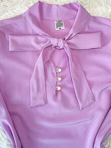 Women's Formal Blouse With Short Puff Sleeves And Bow No. 8 - ارجواني فاتح - مشاهدة 2