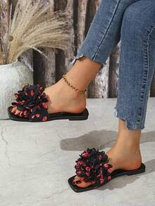 Schleifenflache Sandalen, Feenartiger Stil Pantoffeln mit Blumen Dekor, Damen Sommer Zehentrenner